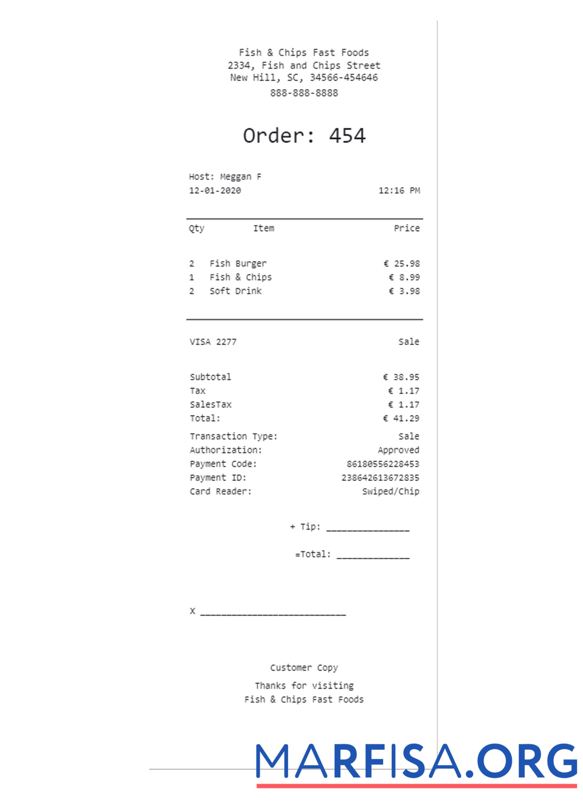 Realistic FAST FOOD payment receipt sample